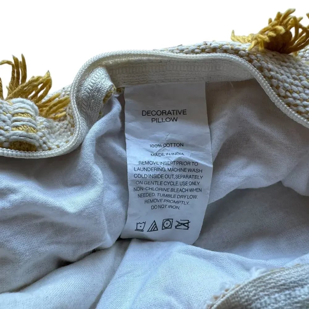 DKNY Fringe Woven Turmeric Yellow Ivory Long Decorative Pillow Cover Cotton